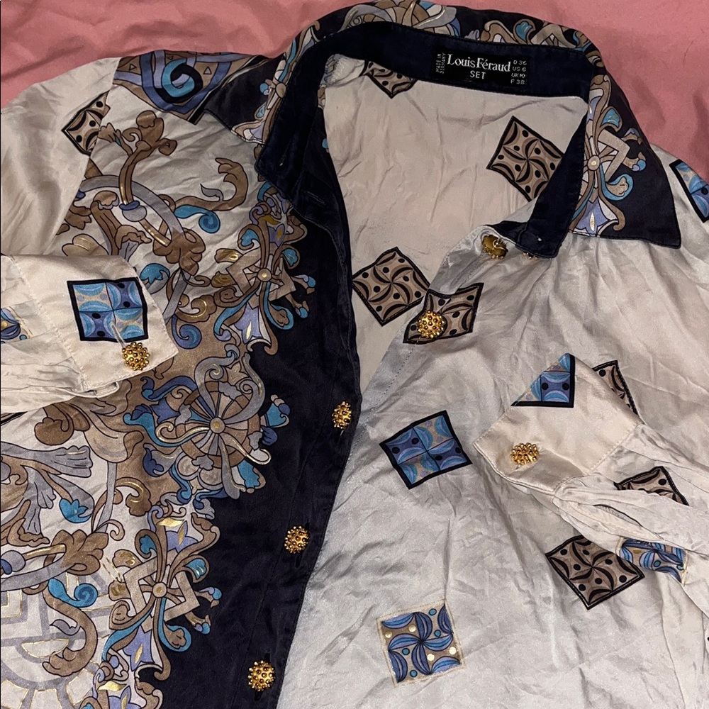 Louis Feraud Retro Elegance Print 100% Silk Button Blouse 6